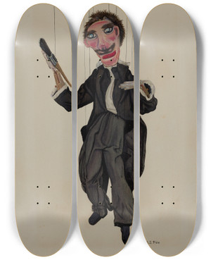 Triptych art skateboard deck of George File Puppet_1 by George File