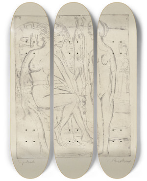 Triptych art skateboard deck of Ernst Ludwig Kirchner Zwei Nackte Mdchen by Ernst Ludwig Kirchner (1880-1938)