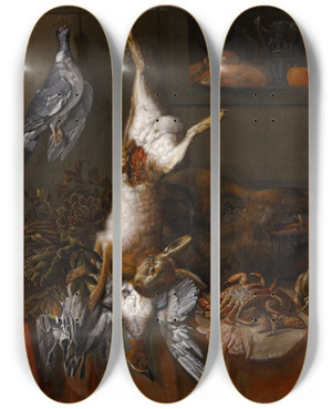 Triptych art skateboard deck of Hinrich Stravius Hunting Still Life With A Hare by Hinrich Stravius (1681-1690)