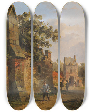 Triptych art skateboard deck of Adrianus Eversen Figuren An Einer Stadtmauer by Adrianus Eversen (1818-1897)