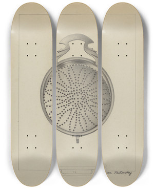 Triptych art skateboard deck of Aaron Fastovsky Silver Punch Strainer by Aaron Fastovsky