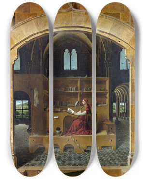 Triptych art skateboard deck of Antonello Da Messina St Jerome In His Study by Antonello Da Messina (1430-1479)