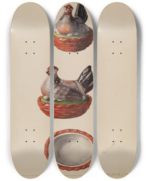Triptych art skateboard deck of J Howard Iams Hen On Basket by J Howard Iams (20-)