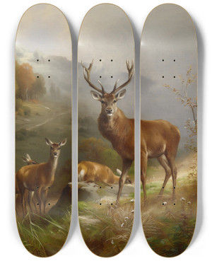 Triptych art skateboard deck of Anton Schmitz Rotwild by Anton Schmitz (1855-1935)