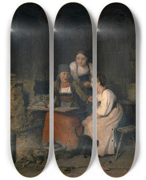 Triptych art skateboard deck of Edouard Girardet At The Fortune Tellers by Edouard Girardet (1819-1880)