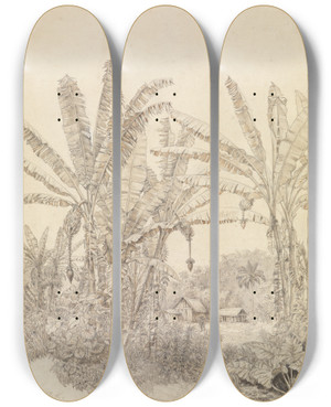 Triptych art skateboard deck of Ferdinand Keller Blick Auf Einige Huser Im Urwald Beim Parahyba by Ferdinand Keller (1842-1922)