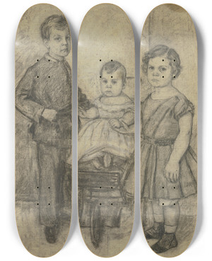 Triptych art skateboard deck of Otto Scholderer Gruppenportrt Dreier Geschwister by Otto Scholderer (1834-1902)