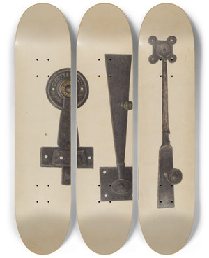 Triptych art skateboard deck of Al Curry Three Door Latches by Al Curry (20-)