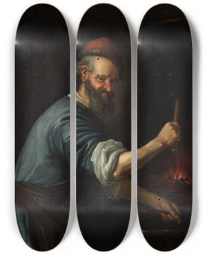 Triptych art skateboard deck of Jacob Toorenvliet A Blacksmith by Jacob Toorenvliet (1640-1719)