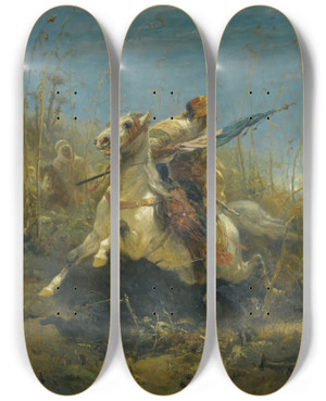 Triptych art skateboard deck of Adolf Schreyer The Pursuit by Adolf Schreyer (1828-1899)