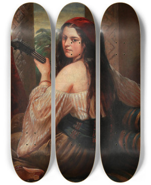 Triptych art skateboard deck of Carl Adolf Gugel Lautenspielerin by Carl Adolf Gugel (1820-1885)
