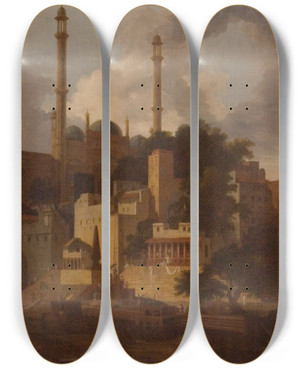 Triptych art skateboard deck of Thomas Daniell Aurangzebs Mosque by Thomas Daniell (1749-1840)