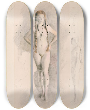 Triptych art skateboard deck of Otto Meyeramden Mdchen Mit Medaillon by Otto Meyer-Amden (1885-1933)