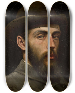 Triptych art skateboard deck of Feliks Cichocki Selfportrait In A Hat by Feliks Cichocki (1861-1921)