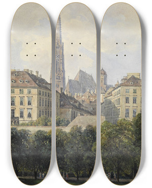 Triptych art skateboard deck of Thomas Ender Blick Auf Den Stephansdom Vom Glacis Aus by Thomas Ender (1793-1875)