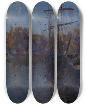 Triptych art skateboard deck of Frank Edwin Scott Porte De Cherbourg by Frank Edwin Scott (1863-1929)