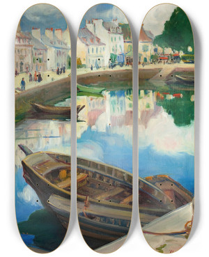 Triptych art skateboard deck of Dixie Selden The Little Harbor Concarneau Brittany by Dixie Selden (1868-1935)