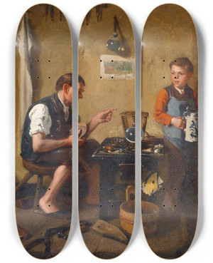 Triptych art skateboard deck of Adolf Werner Beim Schuster by Adolf Werner (1827-1904)