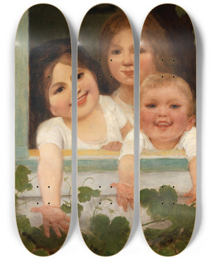 Triptych art skateboard deck of Carl Von Bergen Three Children At The Window by Carl Von Bergen (1853-1933)