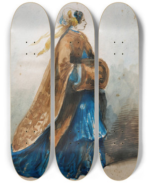 Triptych art skateboard deck of Constantin Guys An Elegant Lady by Constantin Guys (1805-1892)