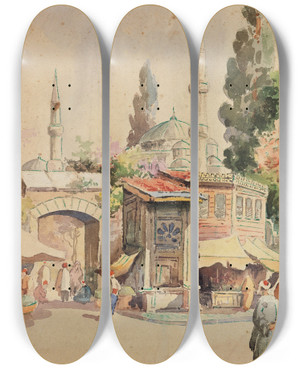 Triptych art skateboard deck of Abdul Qadir Alrassam Title Unknown by Abdul Qadir Al-Rassam (1882-1952)