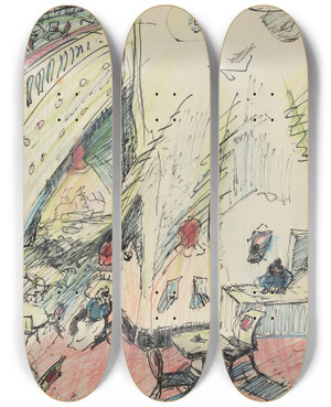Triptych art skateboard deck of Walter Gramatt Das Leere Caf The Empty Caf by Walter Gramatte (1897-1929)