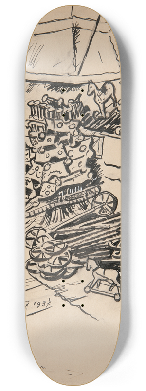Ivan Ivanec - Projekt ilustracji fragment wntrza kuchni ze stertami drewnianych zabawek 8.25 inch art skate deck