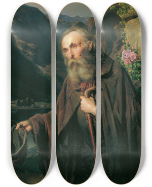 Triptych art skateboard deck of Franz Eybl Ein Alter Bettler by Franz Eybl (1806-1880)