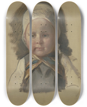Triptych art skateboard deck of Jakob Becker Kleines Kind Mit Weiem Hubchen_1 by Jakob Becker (1810-1872)