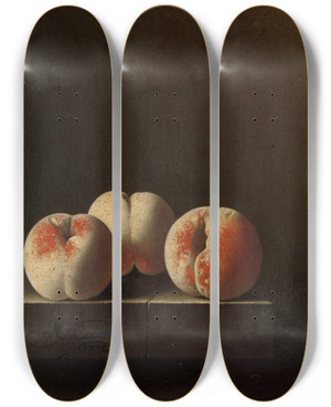 Triptych art skateboard deck of Adriaen Coorte Three Peaches On A Stone Plinth by Adriaen Coorte (1660-1707)