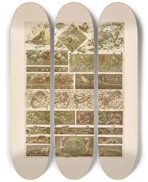 Triptych art skateboard deck of Anton Seder Das Thier In Der Decorativen Kunst Pl07 by Anton Seder (1850-1916)