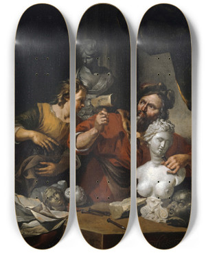 Triptych art skateboard deck of Jacob Toorenvliet A Sculptors Studio by Jacob Toorenvliet (1640-1719)
