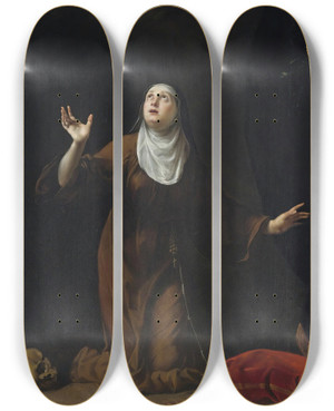 Triptych art skateboard deck of Simone Pignoni A Nun Saint by Simone Pignoni (1611-1698)