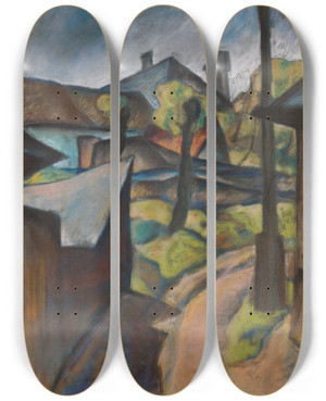 Triptych art skateboard deck of Kontantn Bauer Na Perifri Koc by Konstantin Bauer (1893-1928)