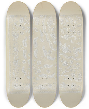Triptych art skateboard deck of Irene Schaefer Quilted Bedspread_1 by Irene Schaefer