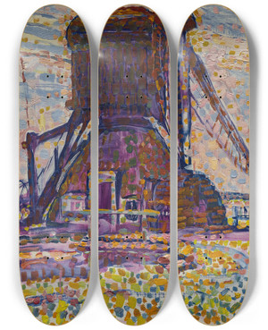 Triptych art skateboard deck of Piet Mondrian The Winkel Mill by Piet Mondrian (1872-1944)