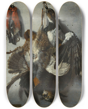 Triptych art skateboard deck of Hinrich Stravius Hunting Trophies by Hinrich Stravius (1681-1690)