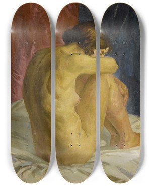 Triptych art skateboard deck of John Sloan Nude Glancing Back by John Sloan (1871-1951)