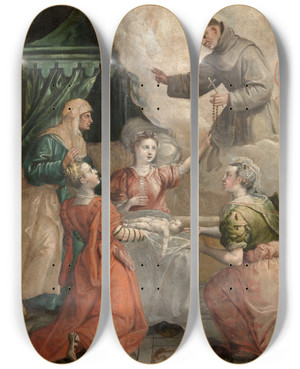 Triptych art skateboard deck of Maerten De Vos Saint Didacus Helps With A Difficult Birth by Maerten De Vos (1532-1603)