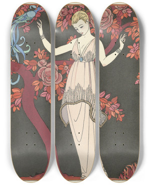 Triptych art skateboard deck of George Barbier Larbre De Science Robe Du Soir De Doeuillet by George Barbier (1882-1932)