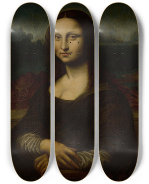 Triptych art skateboard deck of Follower Of Leonardo Da Vinci Mona Lisa by Follower of Leonardo da Vinci (1452-1519)