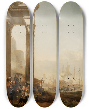 Triptych art skateboard deck of Jan Baptist Weenix Harbour With Antique Ruins by Jan Baptist Weenix (1621-1660)