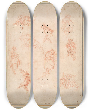 Triptych art skateboard deck of Jacques Callot Figure Studies by Jacques Callot (1592-1635)