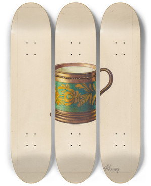 Triptych art skateboard deck of Robert Schuerer Luster Mug by Robert Schuerer