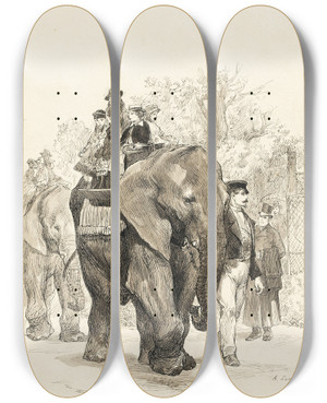 Triptych art skateboard deck of Auguste Andre Lanon Elephant With Riders In Jardin Des Plantes Paris by Auguste Andre Lancon (1836-1887)