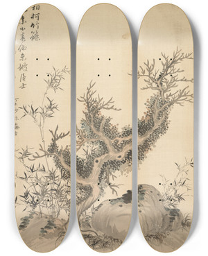 Triptych art skateboard deck of Tsubaki Chinzan Frosted Branches And Dwarf Bamboo by Tsubaki Chinzan (1801-1854)