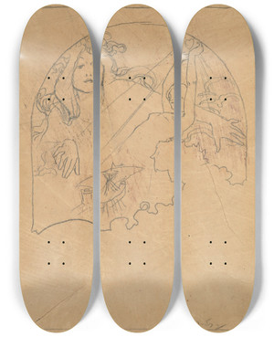 Triptych art skateboard deck of Alphonse Mucha Two Female Figures by Alphonse Mucha (1860-1939)