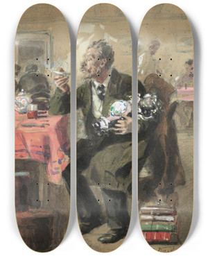 Triptych art skateboard deck of Vladimir Egorovich Makovsky Tea Drinking by Vladimir Egorovich Makovsky (1846-1920)