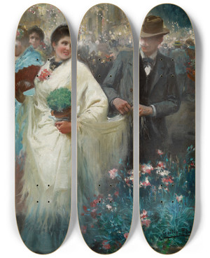 Triptych art skateboard deck of Cecilio Pl Y Gallardo The Verbena by Cecilio Pla Y Gallardo (1860-1934)