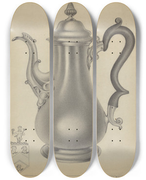 Triptych art skateboard deck of Aaron Fastovsky Silver Coffee Pot by Aaron Fastovsky
